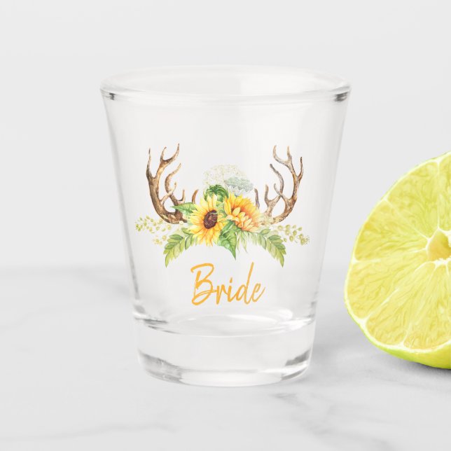 Rustic Yellow Sunflowers, Greenery, Antlers Bride Shot Glass (Front)