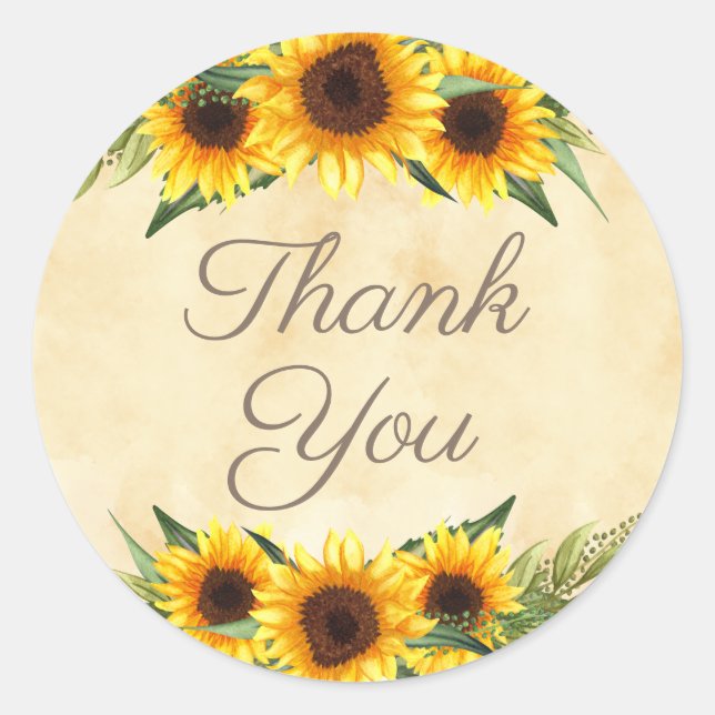 Rustic Yellow Sunflowers Thank You Elegant Script Classic Round Sticker (Front)
