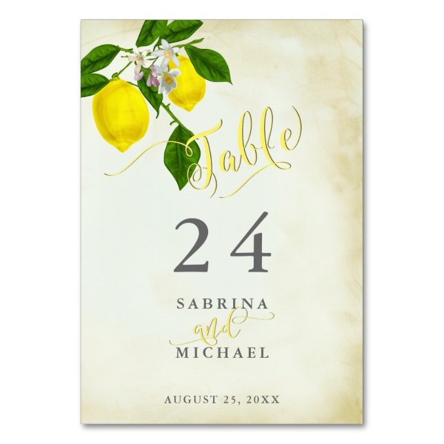 Rustic Yellow Watercolor Lemons Table Card (Front)
