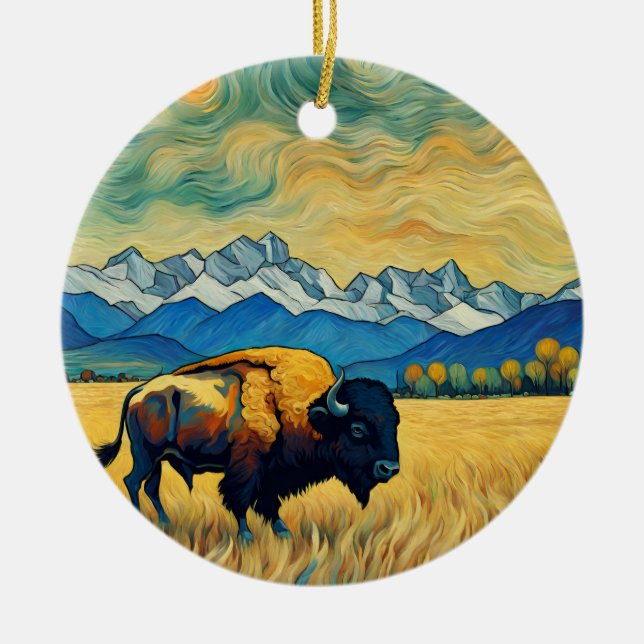 Rustic Yellowstone Buffalo  Ceramic Tree Decoration (Front)
