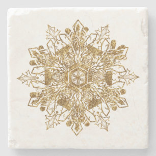 Rustic Yet Elegant Wintery Golden Snowflake Stone Coaster