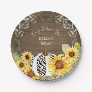 Rustic Zebra White Pumpkin Sunflowers Baby Shower Paper Plate
