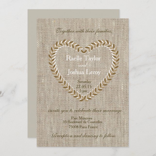 Rustic zen burlap heart taupe wedding invitation (Front/Back)
