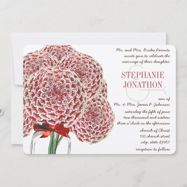 Rustic Zinnia Red Mason Jar Wild Flower Wedding Invitation (Front)