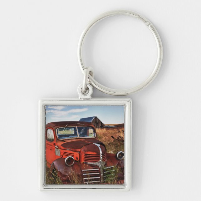 Rusting orange Dodge truck with abandoned farm Key Ring (Front)