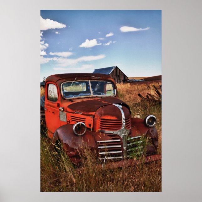 Rusting orange Dodge truck with abandoned farm Poster (Front)