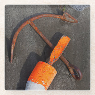 Rusty Anchor And Buoy On A Beach Glass Coaster