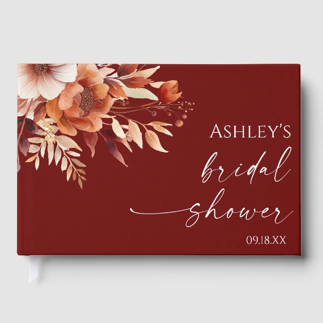 Rusty Burgundy Brown Floral Flower Bridal Shower Guest Book (Front)