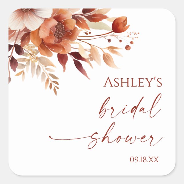 Rusty Burgundy Brown Floral Flower Bridal Shower Square Sticker (Front)