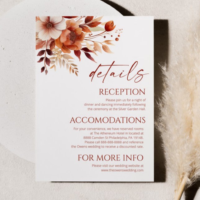 Rusty Burgundy Brown Floral Flower Wedding Details Enclosure Card (Creator Uploaded)