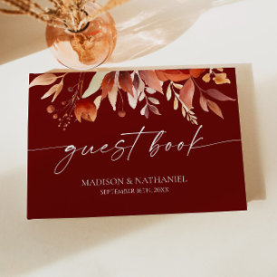 Rusty Burgundy Brown Floral Flower Wedding Guest Book