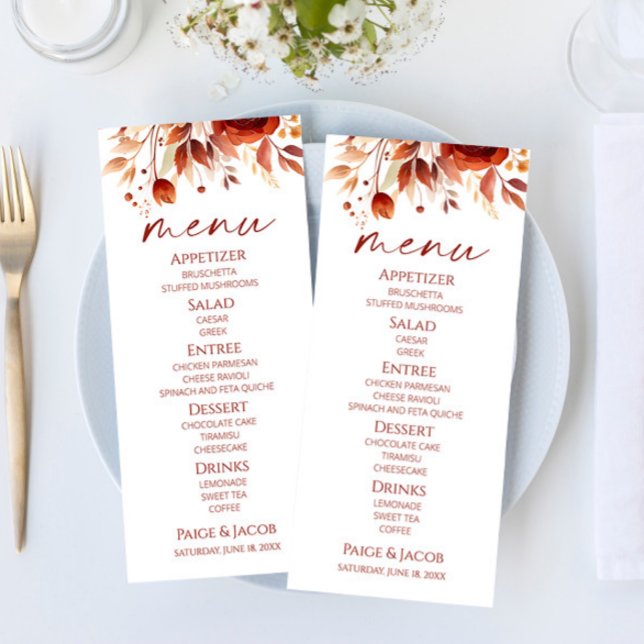 Rusty Burgundy Brown Floral Flower Wedding Menu (Creator Uploaded)