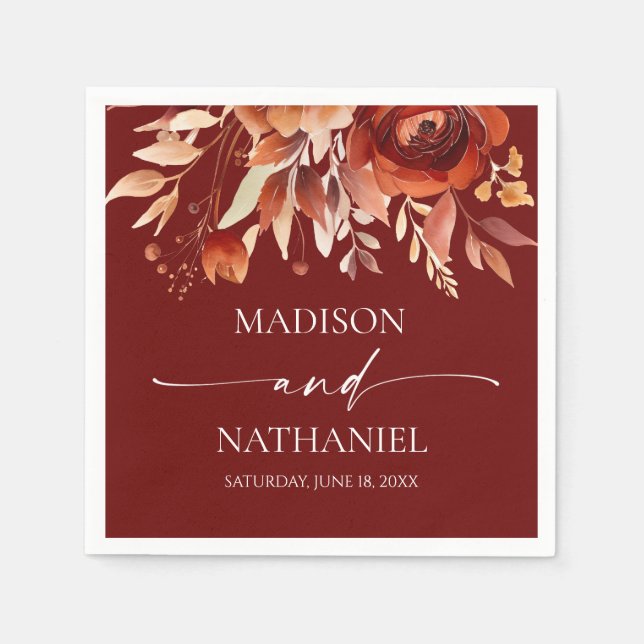 Rusty Burgundy Brown Floral Flower Wedding Napkin (Front)