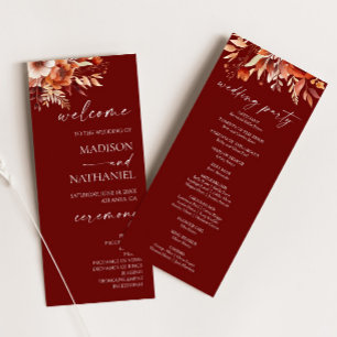 Rusty Burgundy Brown Floral Flower Wedding Programme