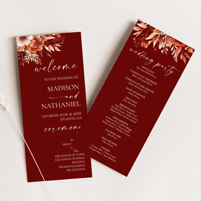 Rusty Burgundy Brown Floral Flower Wedding Programme (Creator Uploaded)