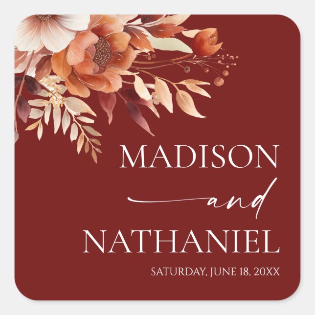 Rusty Burgundy Brown Floral Flower Wedding Square Sticker (Front)