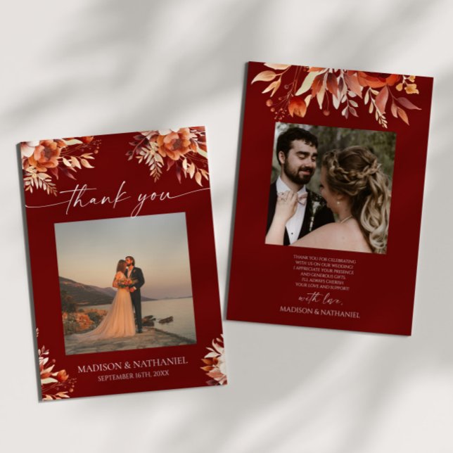 Rusty Burgundy Brown Floral Flower Wedding Thank You Card (Creator Uploaded)
