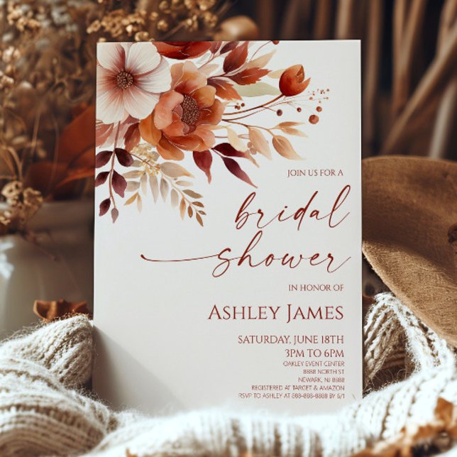 Rusty Burgundy Brown Floral Flowers Bridal Shower Invitation (Creator Uploaded)
