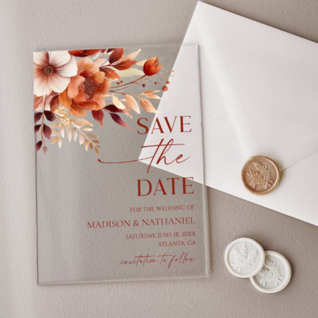 Rusty Burgundy Brown Floral Wedding Save The Date Acrylic Invitations (Creator Uploaded)