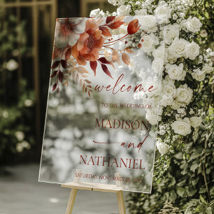 Rusty Burgundy Brown Floral Wedding Welcome Acrylic Sign