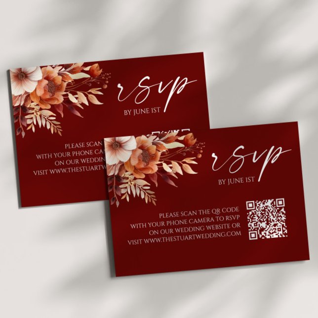 Rusty Burgundy Floral QR Code Wedding RSVP Card (Creator Uploaded)