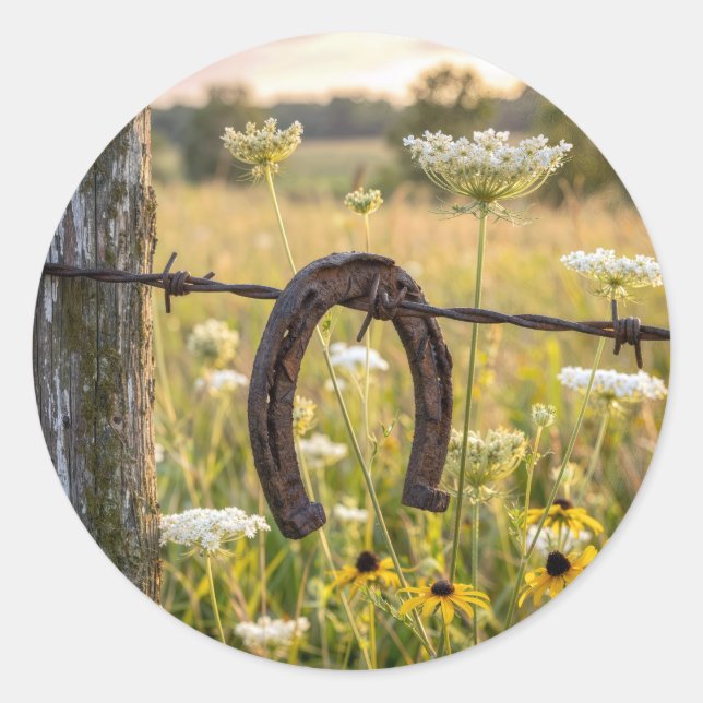 Rusty Horseshoe on Barbed Wire Fence Classic Round Sticker (Front)