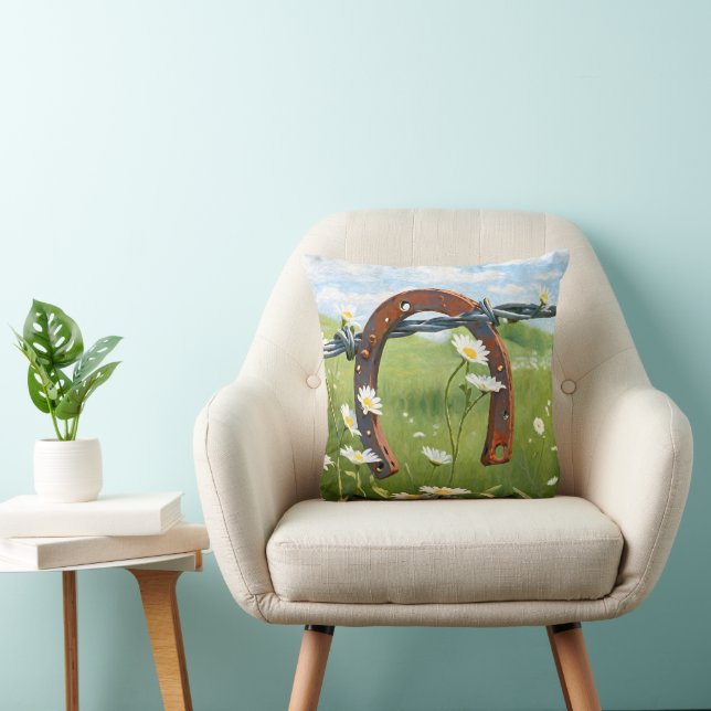 Rusty Horseshoe On Barbed Wire Fence Cushion (Chair)