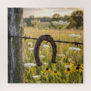 Rusty Horseshoe on Barbed Wire Fence Jigsaw Puzzle