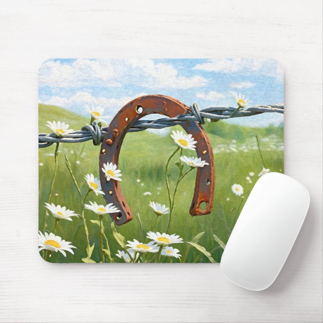 Rusty Horseshoe On Barbed Wire Fence Mouse Pad (With Mouse)