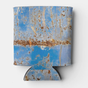 Rusty metal texture, blue scratchy decor. can cooler