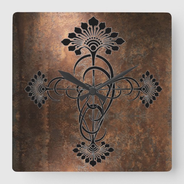 Rusty Metal with Art Nouveau Design on a Square Wall Clock (Front)