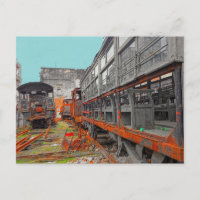 Rusty old locomotives and train wagons postcard