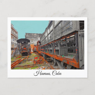 Rusty old locomotives and train wagons postcard