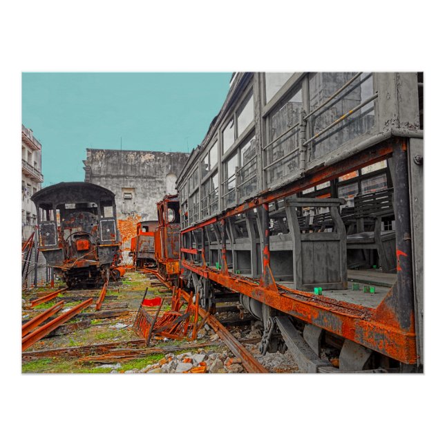 Rusty old locomotives and train wagons poster (Front)