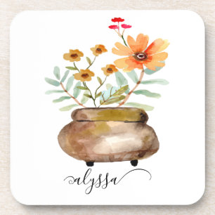 Rusty Pink Rose Flowers Trendy Script Name Coaster