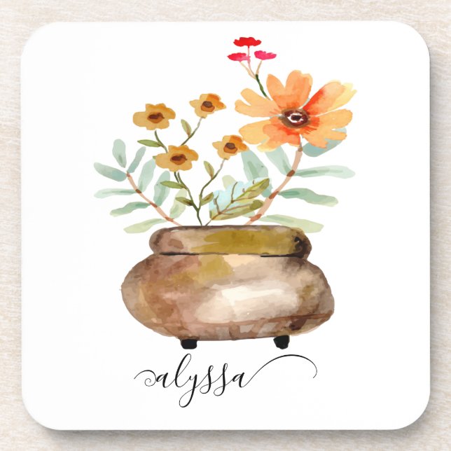 Rusty Pink Rose Flowers Trendy Script Name Coaster (Front)