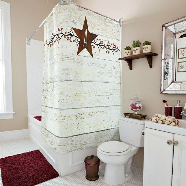 Rusty star and berries monogram shower curtain (Creator Uploaded)