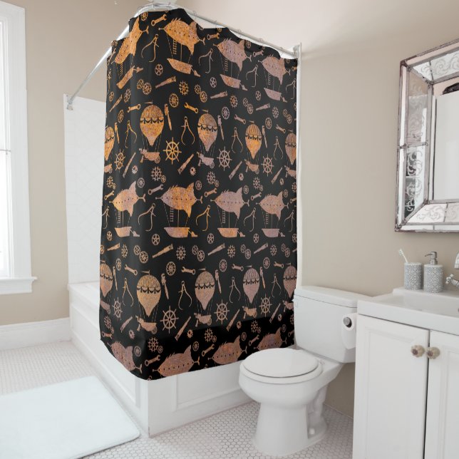 Rusty Steampunk Airships Theme Shower Curtain (In Situ)
