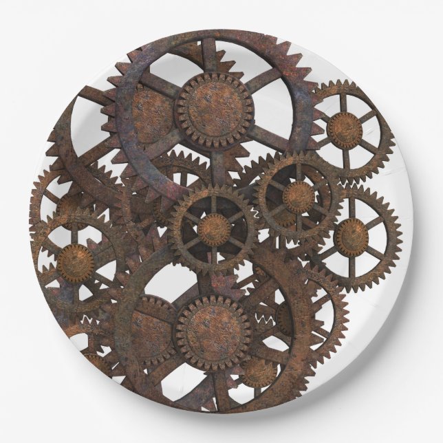 Rusty Steampunk Metal Gears Paper Plate (Front)