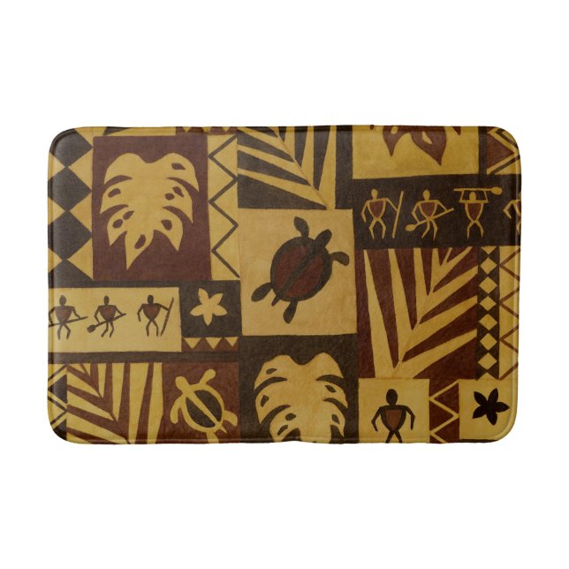 Rusty Tapa Hawaiian Petroglyph Warrior Bath Mat (Front)