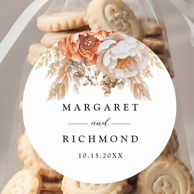 Rusty Terracotta Peony Floral Wedding Classic Round Sticker (Creator Uploaded)