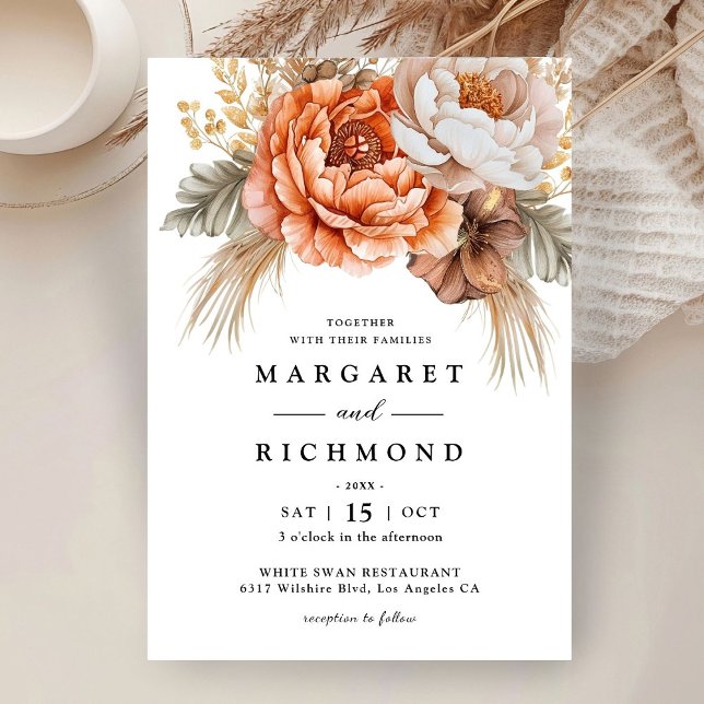 Rusty Terracotta Peony Watercolor Floral Wedding Invitation (Creator Uploaded)