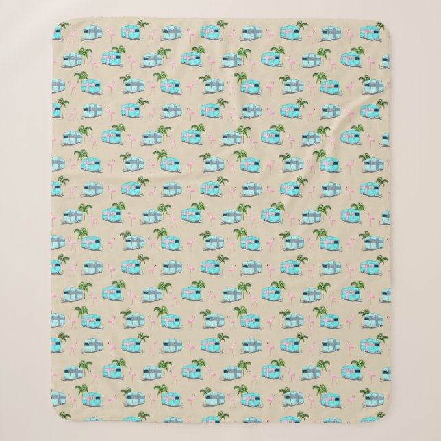 RV Beach Camping with Flamingos Sherpa Blanket (Front)