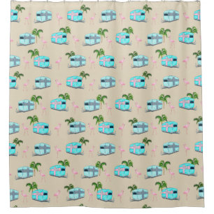 RV Beach Camping with Flamingos Shower Curtain
