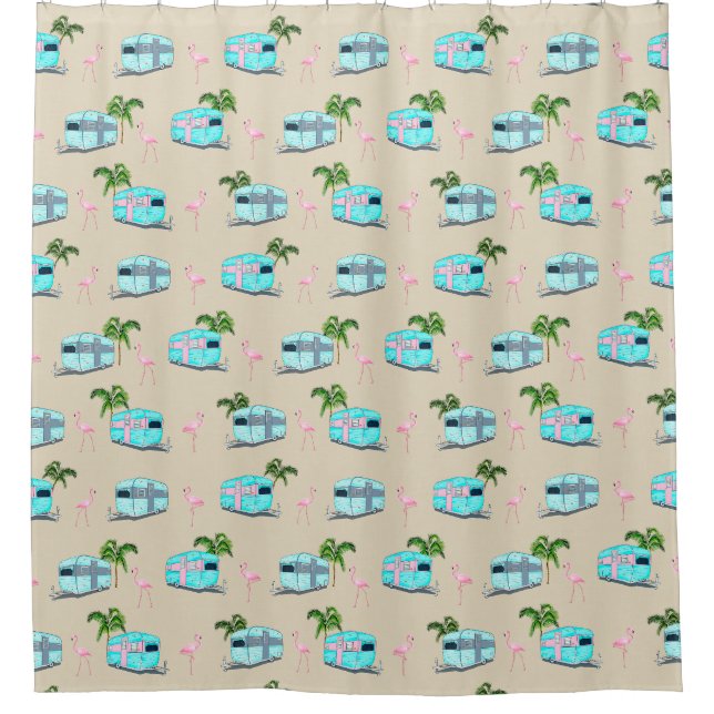 RV Beach Camping with Flamingos Shower Curtain (Front)
