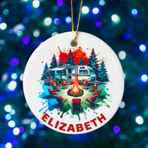 RV Camping and Campfire Custom Name Ceramic Tree Decoration