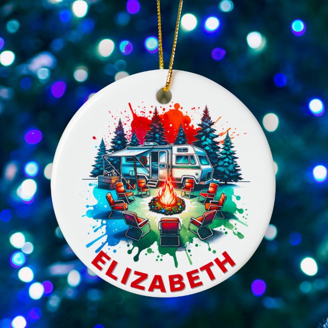RV Camping and Campfire Custom Name Ceramic Tree Decoration (Creator Uploaded)