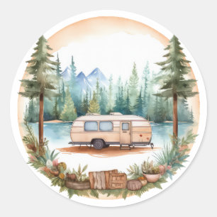 RV Camping in the Woods, RV camper Classic Round Sticker