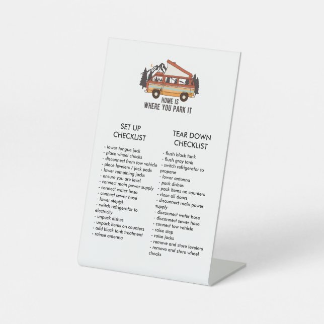 RV Trailer Editable Set Up and Tear Down Checklist Pedestal Sign (Front)
