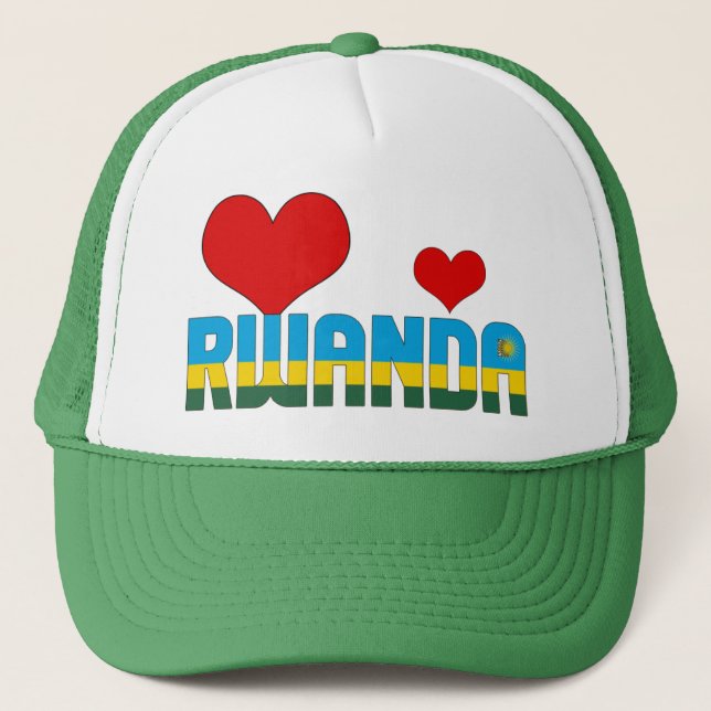 Rwanda Flag Heart Blue Green Yellow Sun Patriotic Trucker Hat (Front)